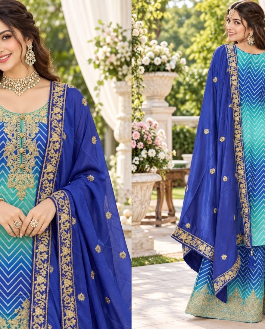 BLUE - Embroidered Work Chinon Salwar Suit In Blue and Turquoise Colour
