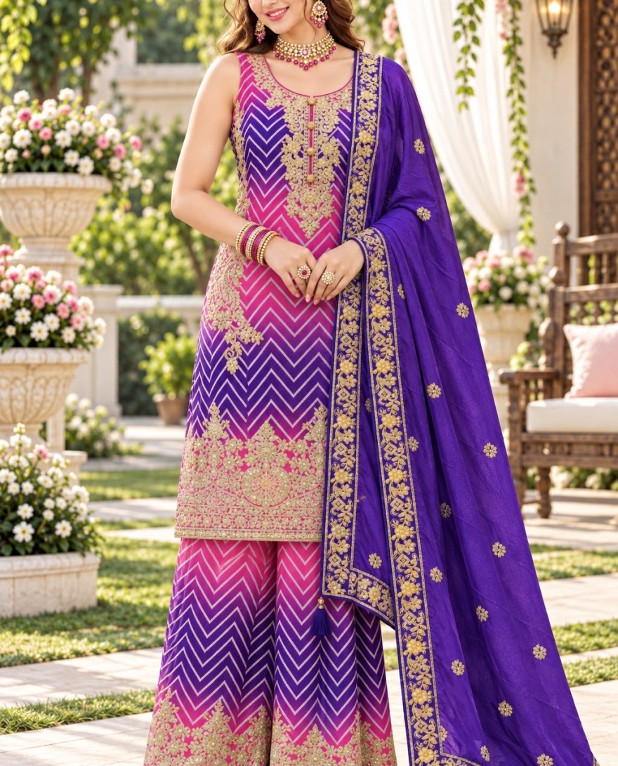 PURPLE - Chinon Silk Festive Salwar Kameez