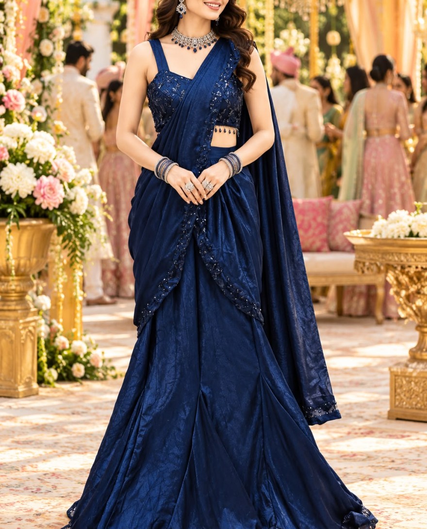 BLUE - Navy Blue Sequins Crush Trendy Saree
