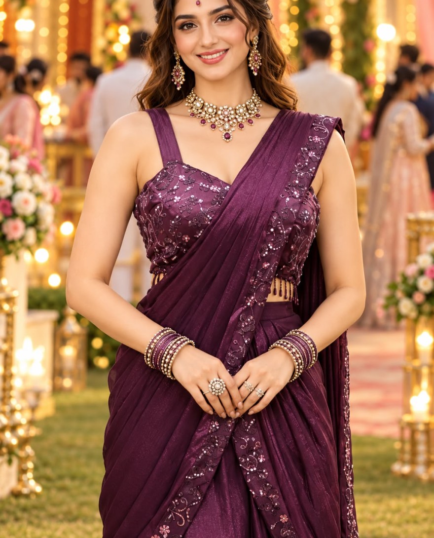 WINE - Satin Embroidered Contemporary Saree in Wine Colour