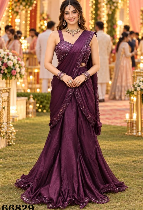 Satin Embroidered Contemporary Saree in Wine Colour