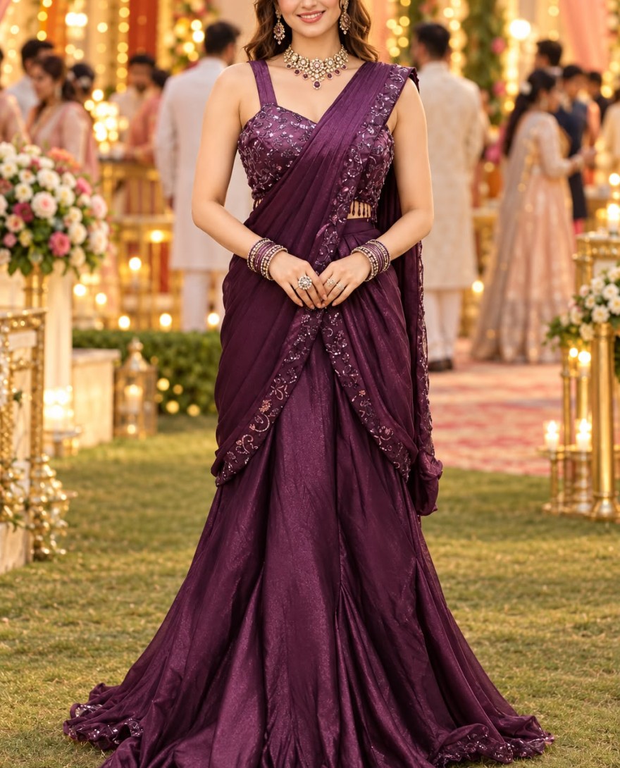 WINE - Satin Embroidered Contemporary Saree in Wine Colour