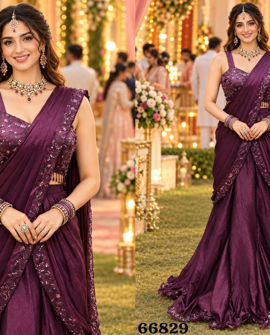 WINE - Satin Embroidered Contemporary Saree in Wine Colour