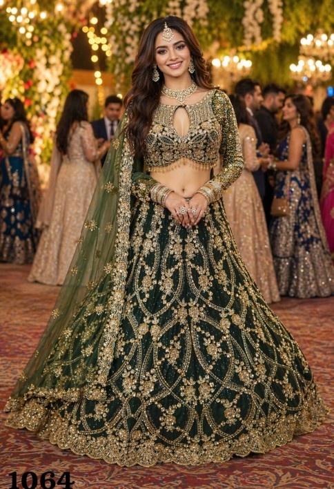 Green Net Lehenga Choli With Stone Work