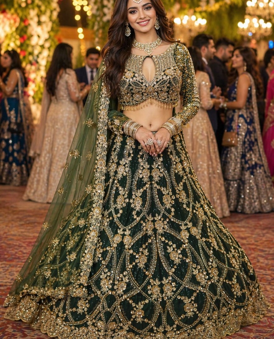 GREEN - Green Net Lehenga Choli With Stone Work