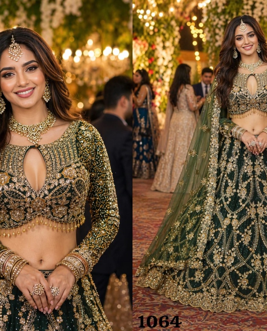 GREEN - Green Net Lehenga Choli With Stone Work