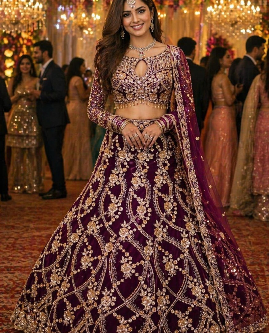 PURPLE - Embroidered, Hand and Stone Work Net Readymade Lehenga Choli In Purple Colour