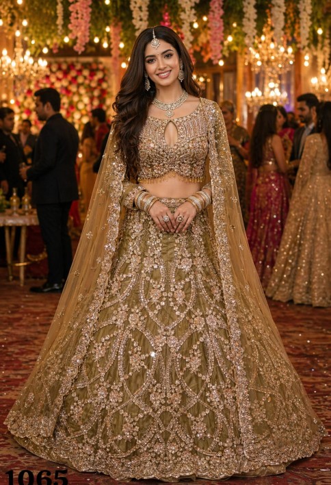 Brown Net Lehenga Choli With Handwork