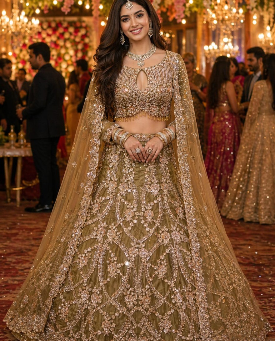 BROWN - Brown Net Lehenga Choli With Handwork