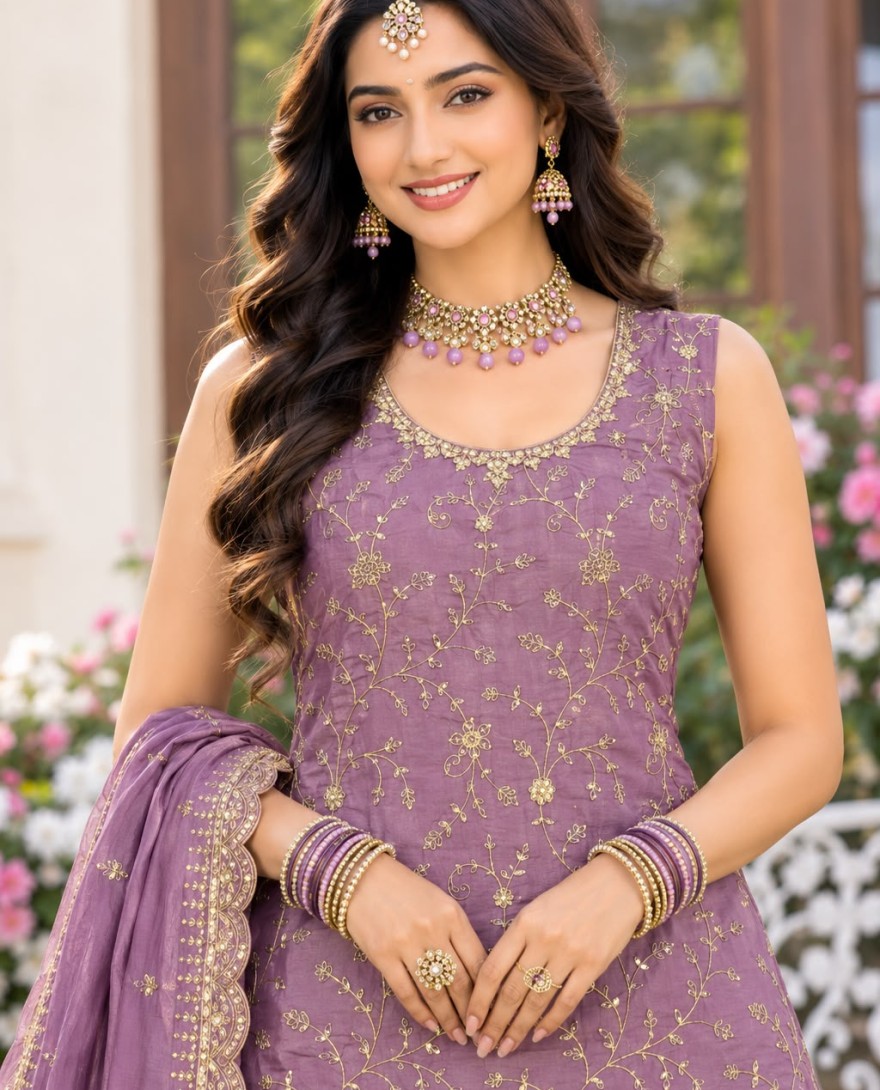 LAVENDER - Lavender Embroidered and Sequins Work Vichitra Silk Palazzo Salwar Suit
