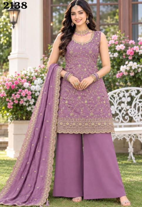 Lavender Embroidered and Sequins Work Vichitra Silk Palazzo Salwar Suit