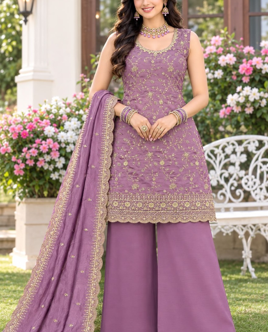 LAVENDER - Lavender Embroidered and Sequins Work Vichitra Silk Palazzo Salwar Suit