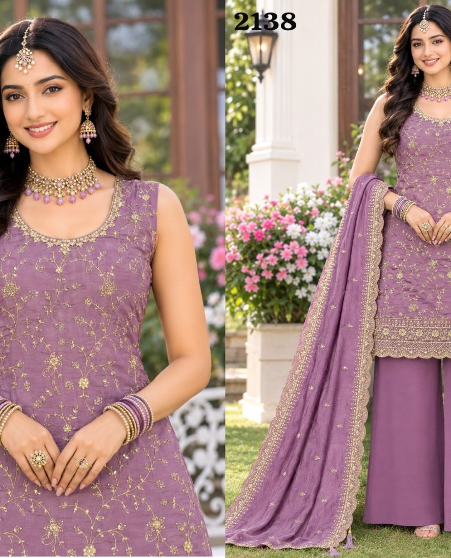 LAVENDER - Lavender Embroidered and Sequins Work Vichitra Silk Palazzo Salwar Suit