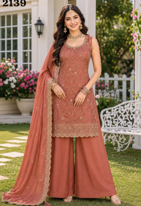 Vichitra Silk Salwar Suit In Rust Colour