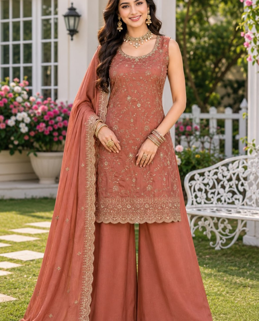 RUST - Vichitra Silk Salwar Suit In Rust Colour
