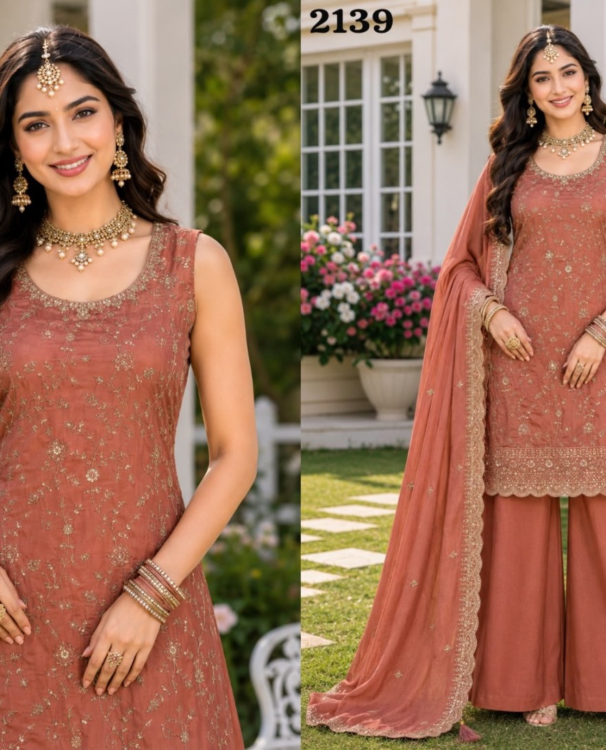 RUST - Vichitra Silk Salwar Suit In Rust Colour