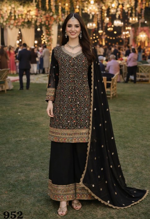 Luxury Black Georgette Heavy Embroidered Pakistani Palazzo Suit
