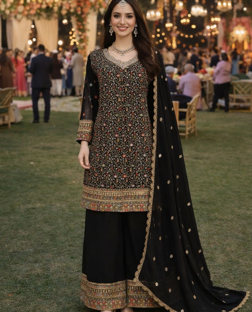 BLACK - Luxury Black Georgette Heavy Embroidered Pakistani Palazzo Suit