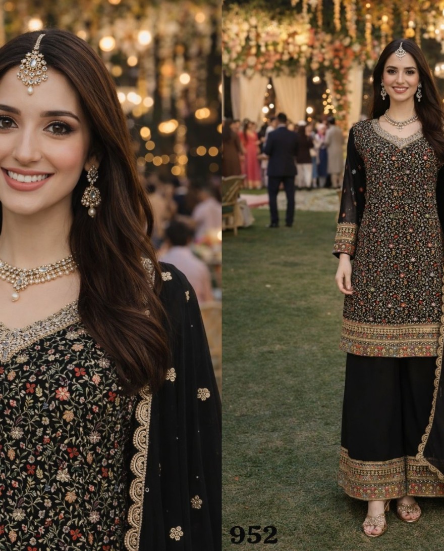 BLACK - Luxury Black Georgette Heavy Embroidered Pakistani Palazzo Suit