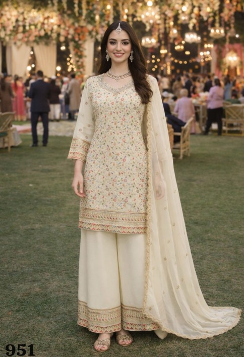 Elegant Off White Georgette Heavy Embroidered Pakistani Palazzo Suit