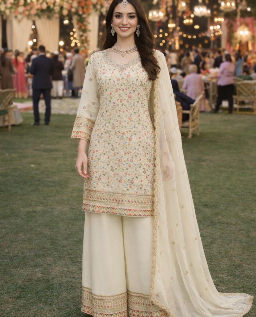 CREAM - Elegant Off White Georgette Heavy Embroidered Pakistani Palazzo Suit
