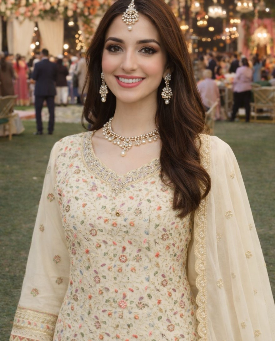 CREAM - Elegant Off White Georgette Heavy Embroidered Pakistani Palazzo Suit