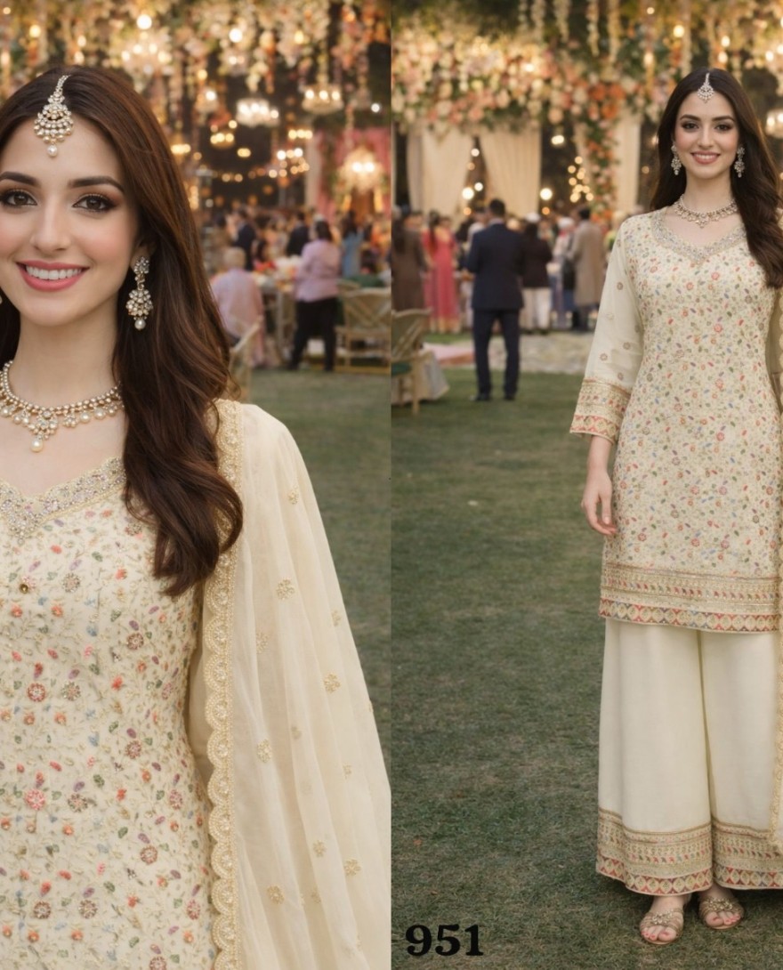 CREAM - Elegant Off White Georgette Heavy Embroidered Pakistani Palazzo Suit