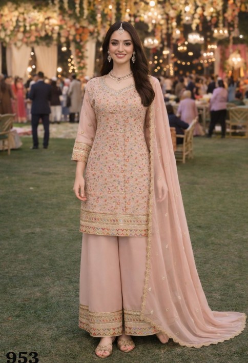 Wonderful Blush Pink Georgette Heavy Embroidered Pakistani Palazzo Suit
