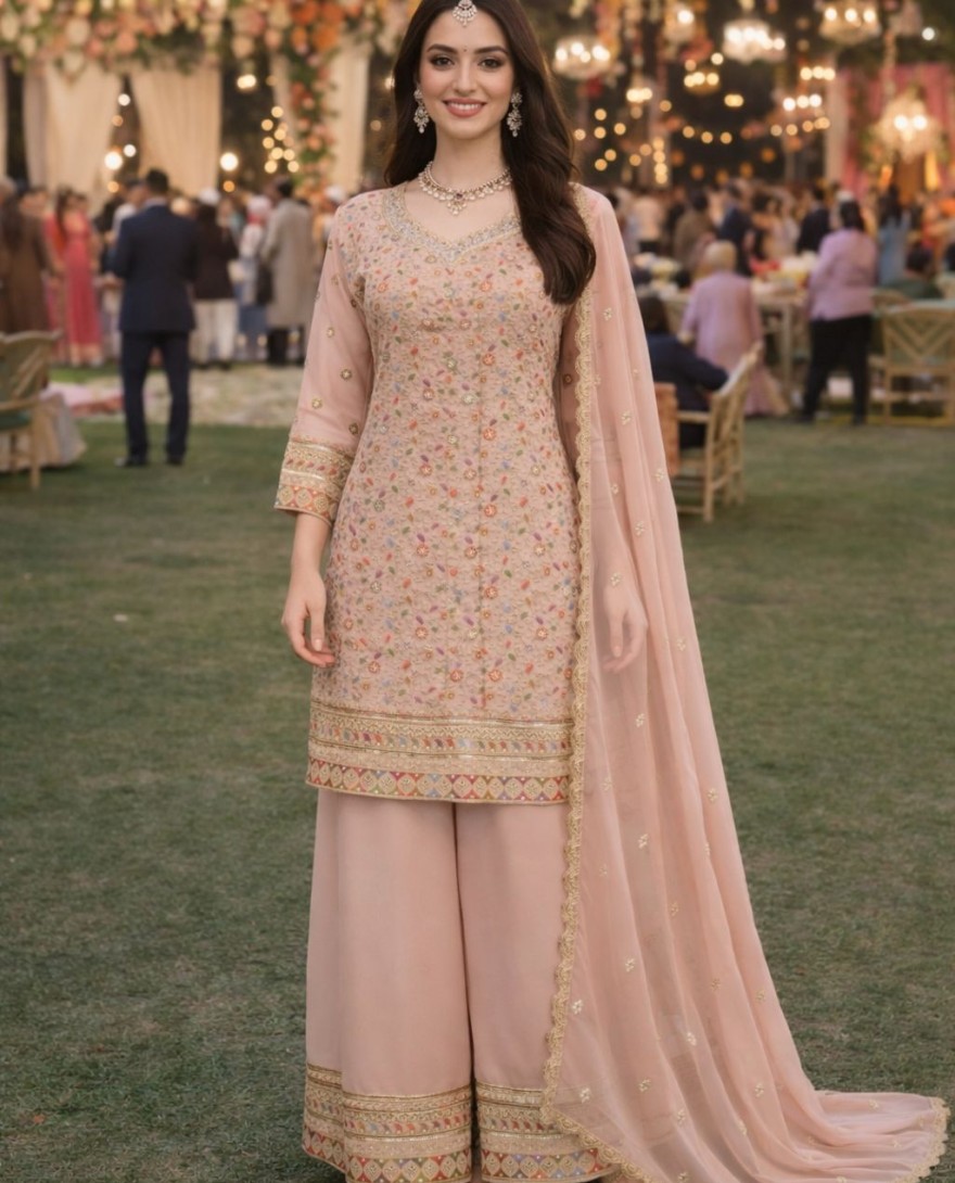 PINK - Wonderful Blush Pink Georgette Heavy Embroidered Pakistani Palazzo Suit