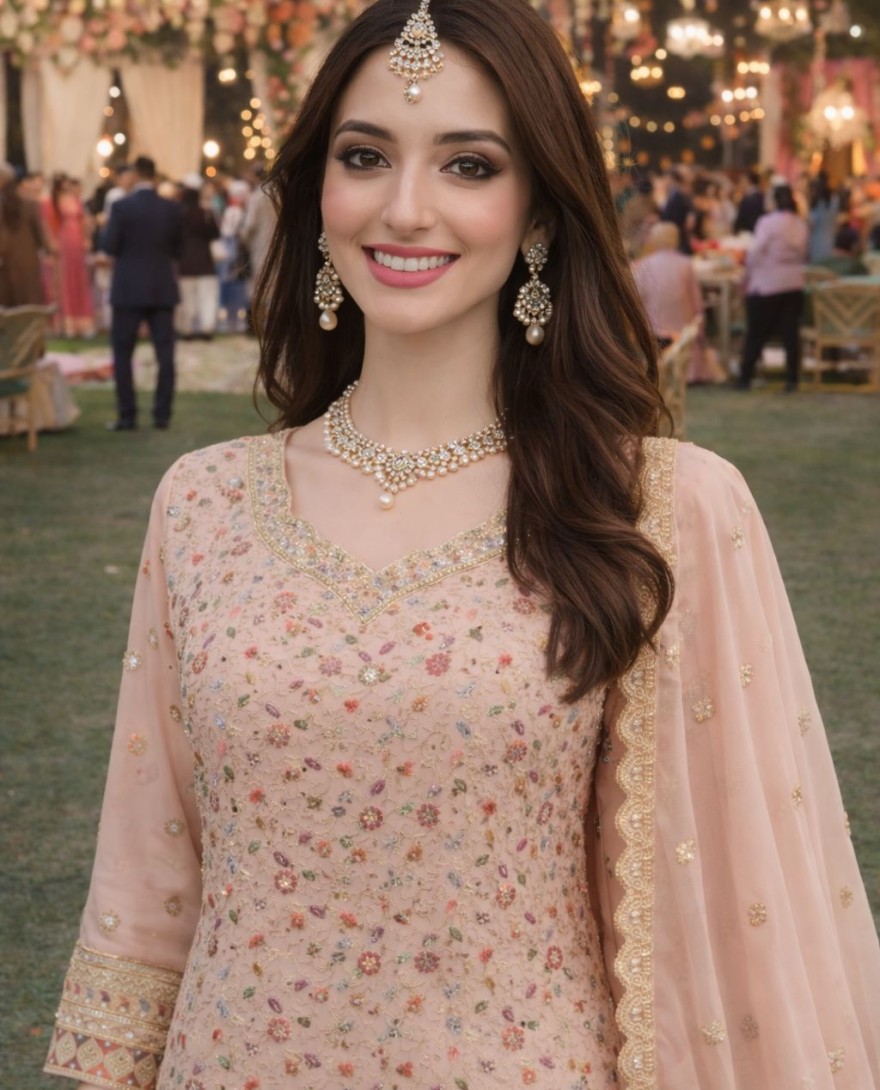 PINK - Wonderful Blush Pink Georgette Heavy Embroidered Pakistani Palazzo Suit