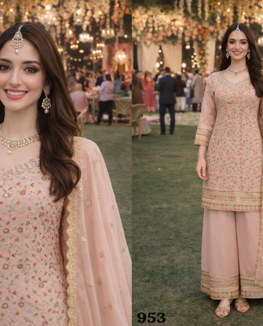 PINK - Wonderful Blush Pink Georgette Heavy Embroidered Pakistani Palazzo Suit