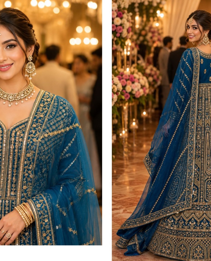 BLUE - Blue Net Lehenga Choli with Beads, Embroidered and Sequins Work