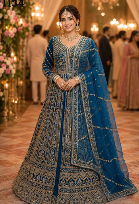 Blue Net Lehenga Choli with Beads, Embroidered and Sequins Work