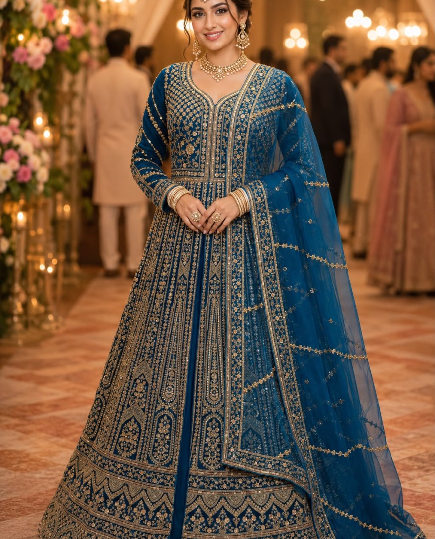 BLUE - Blue Net Lehenga Choli with Beads, Embroidered and Sequins Work