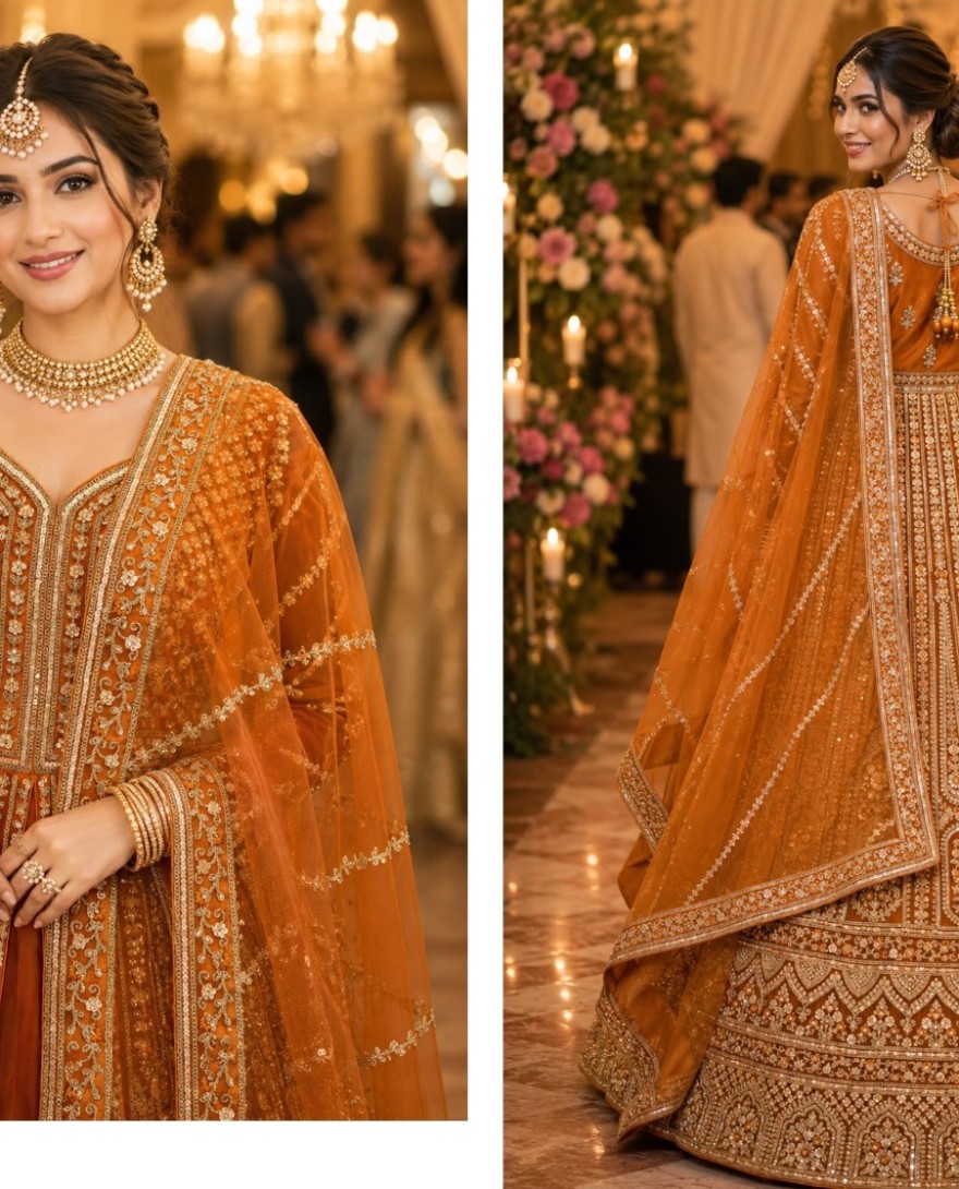 ORANGE - Orange Net Readymade Lehenga Choli with Beads, Embroidered and Sequins Work