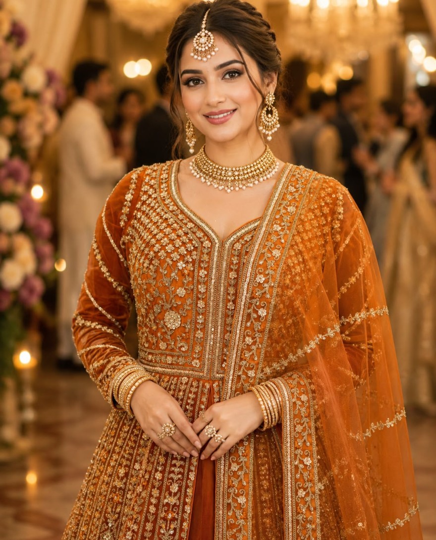 ORANGE - Orange Net Readymade Lehenga Choli with Beads, Embroidered and Sequins Work