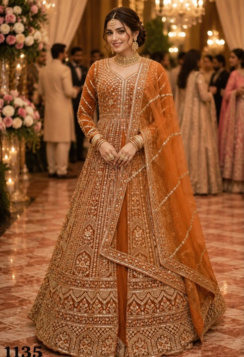 Orange Net Readymade Lehenga Choli with Beads, Embroidered and Sequins Work