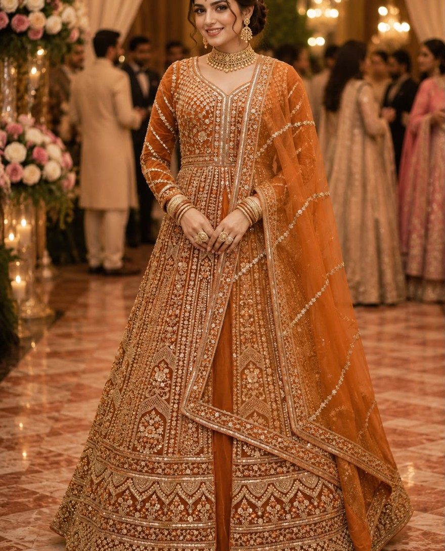 ORANGE - Orange Net Readymade Lehenga Choli with Beads, Embroidered and Sequins Work