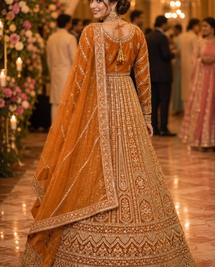 ORANGE - Orange Net Readymade Lehenga Choli with Beads, Embroidered and Sequins Work