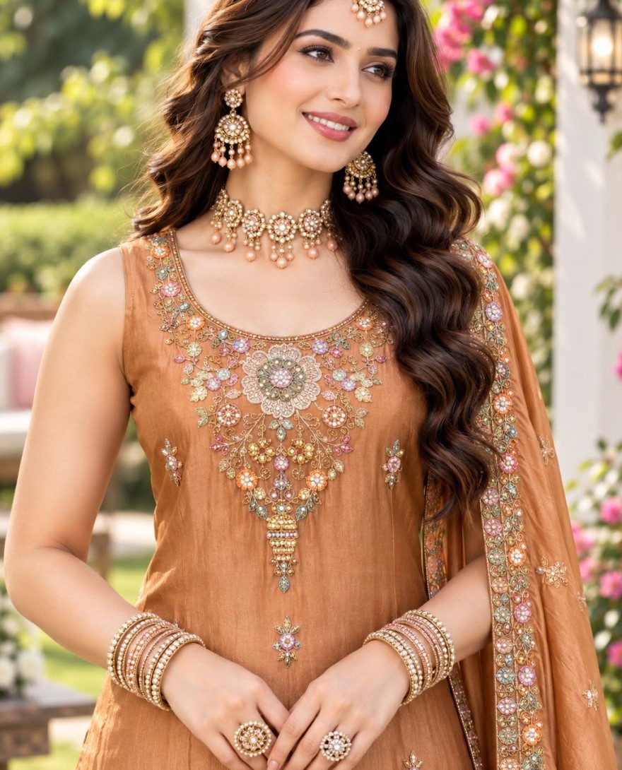 RUST - Rust Tissue Palazzo Salwar Suit with Beads and Embroidered Work for Ceremonial
