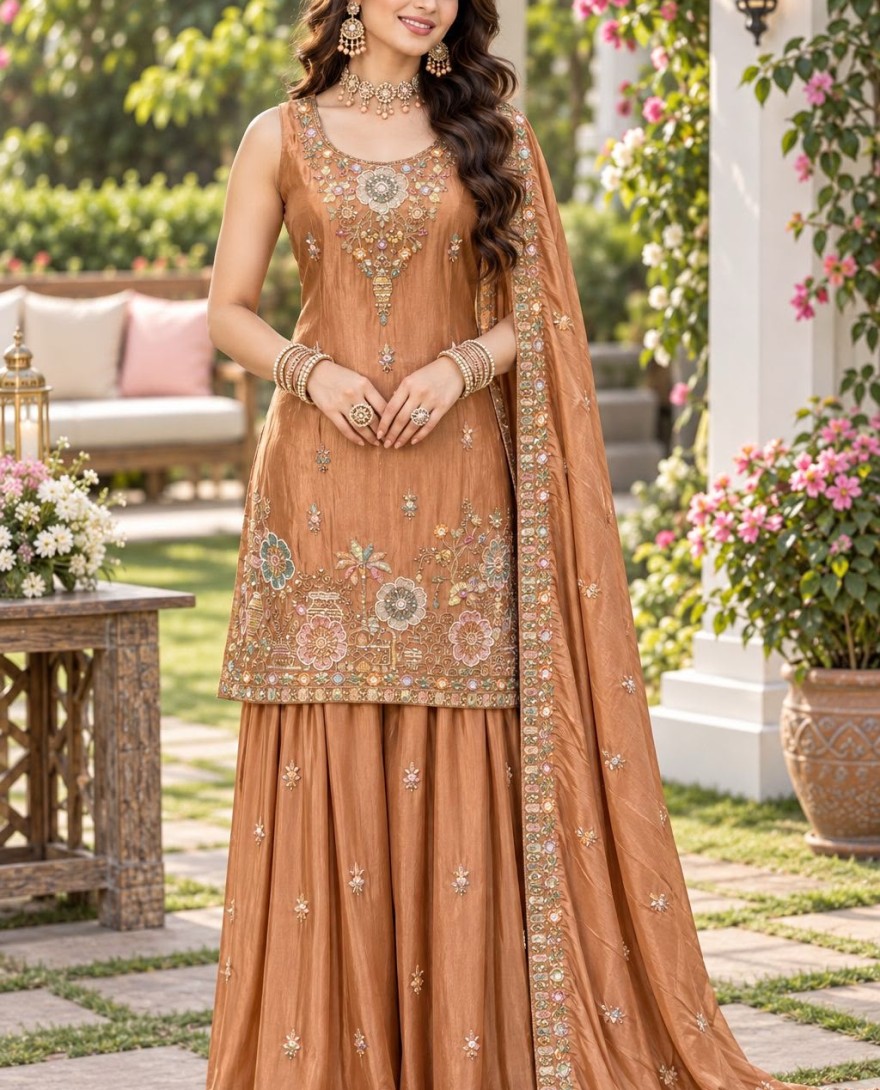 RUST - Rust Tissue Palazzo Salwar Suit with Beads and Embroidered Work for Ceremonial