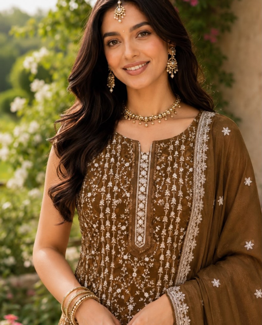 BROWN - Brown Crush Salwar Suit with Embroidered and Sequins Work for Festival