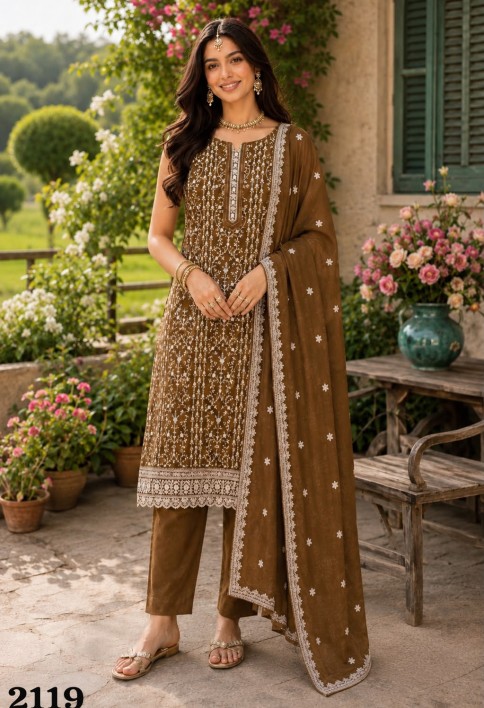 Brown Crush Salwar Suit with Embroidered and Sequins Work for Festival