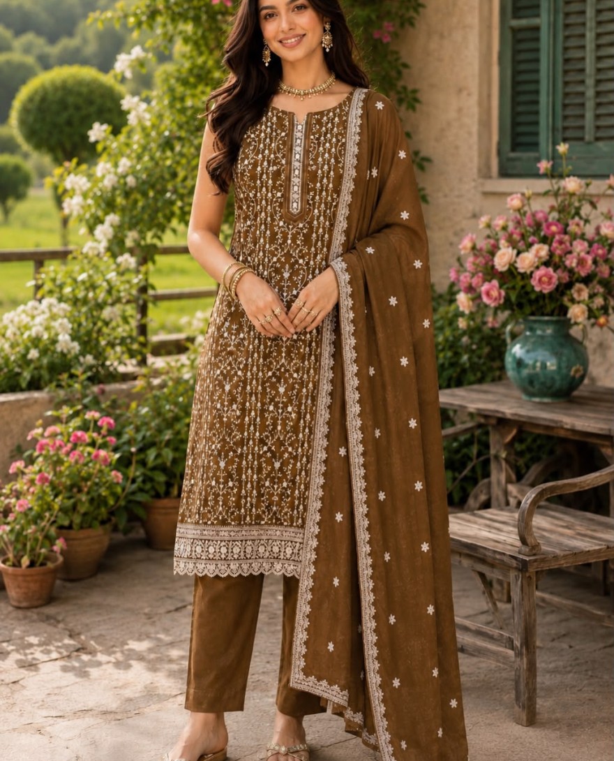 BROWN - Brown Crush Salwar Suit with Embroidered and Sequins Work for Festival