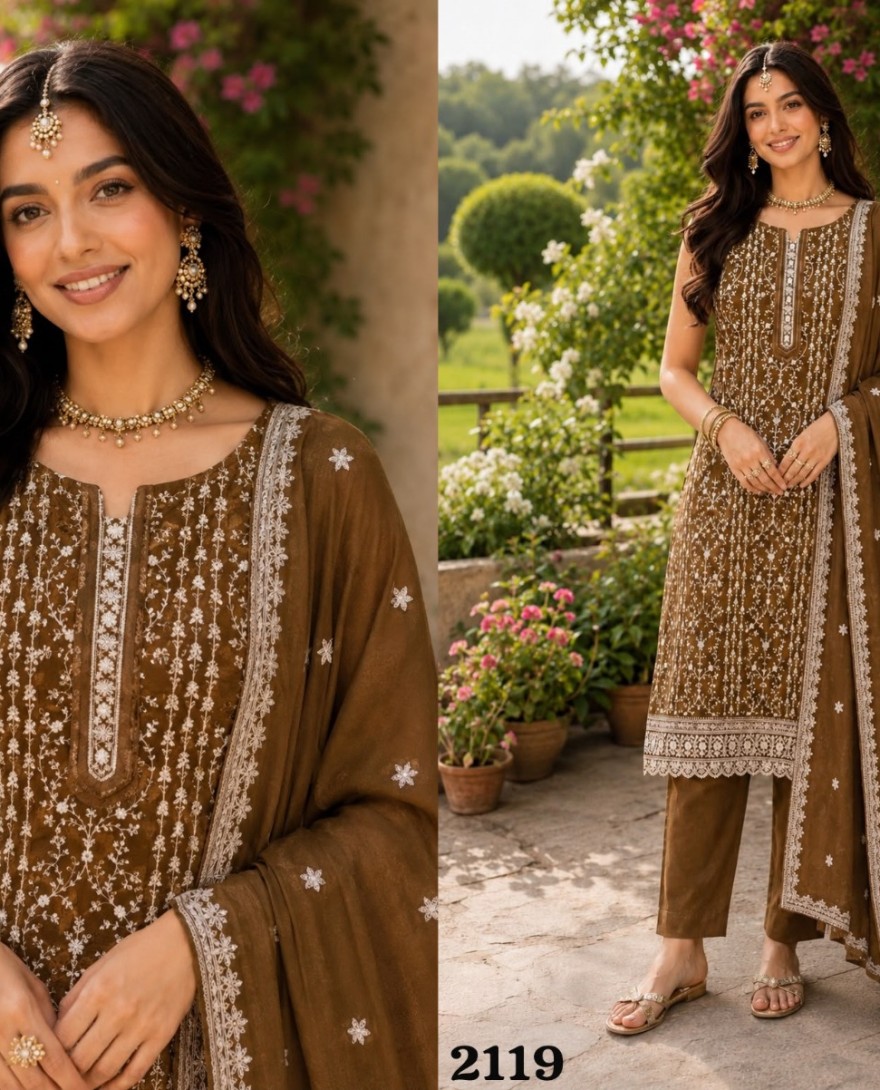 BROWN - Brown Crush Salwar Suit with Embroidered and Sequins Work for Festival