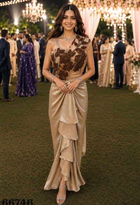 Beige Crush Embroidered Work Classic Sari