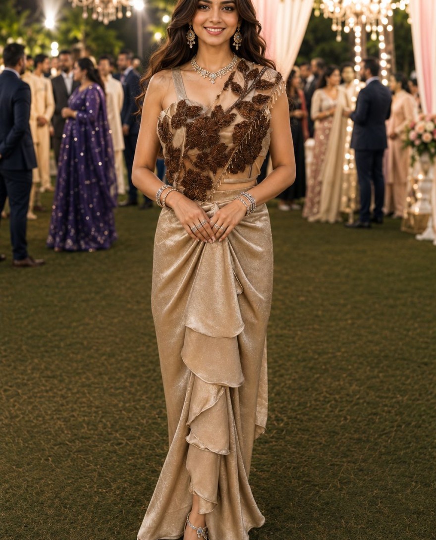 BEIGE - Beige Crush Embroidered Work Classic Sari