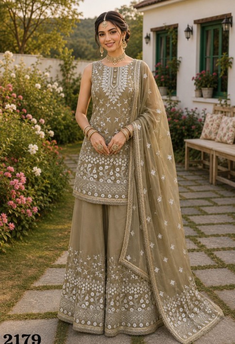 Beige Georgette Ceremonial Readymade Salwar Suit with Embroidered and Thread Work