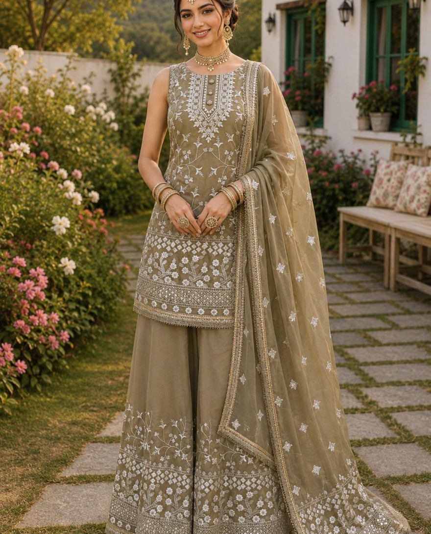2179 - Beige Georgette Ceremonial Readymade Salwar Suit with Embroidered and Thread Work