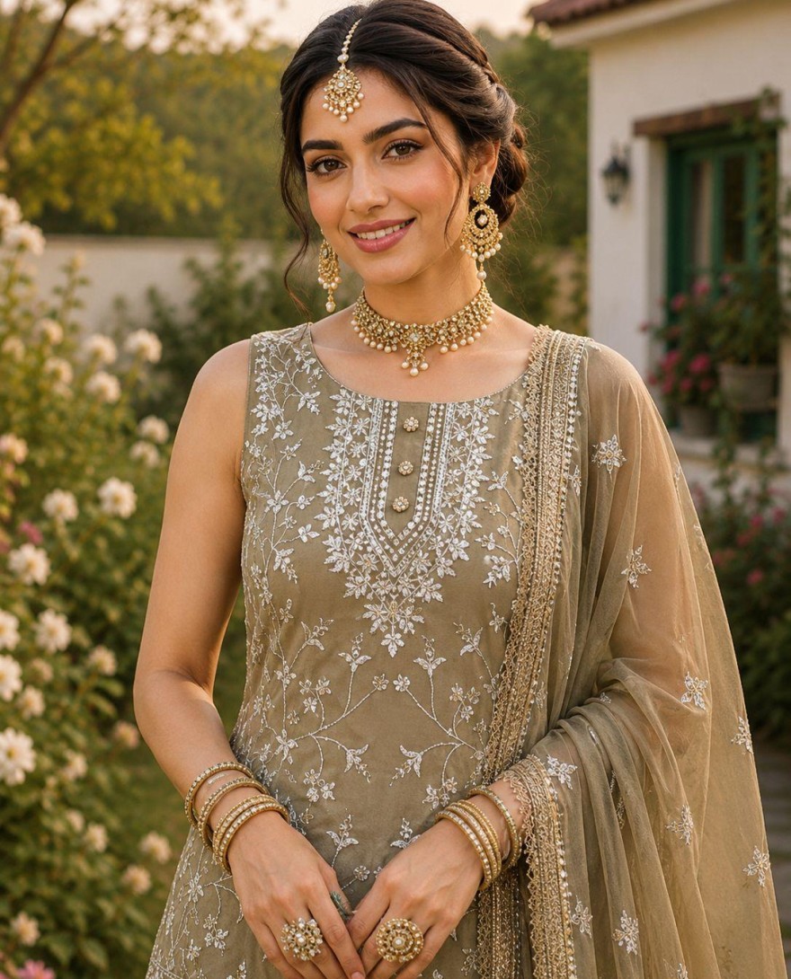 2179 - Beige Georgette Ceremonial Readymade Salwar Suit with Embroidered and Thread Work